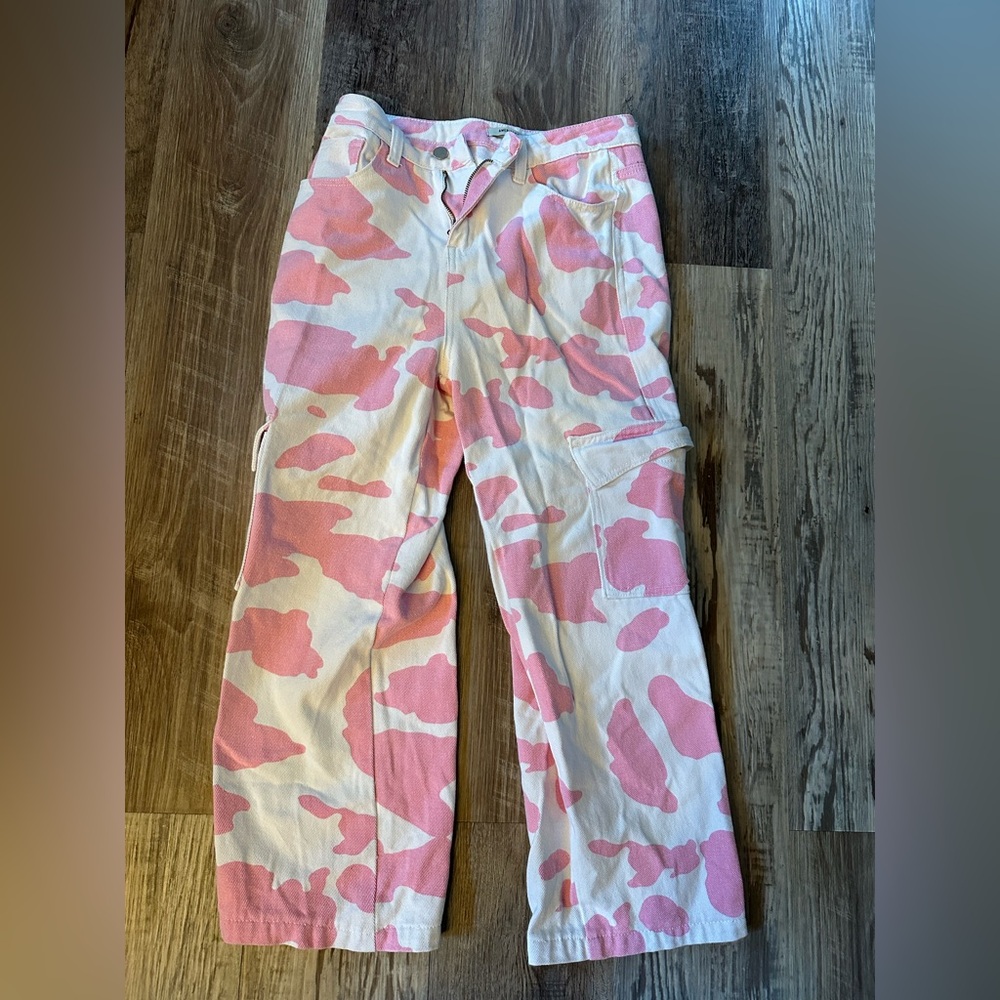 Small American Bazi Pink and White Cow Print Cargo Pants